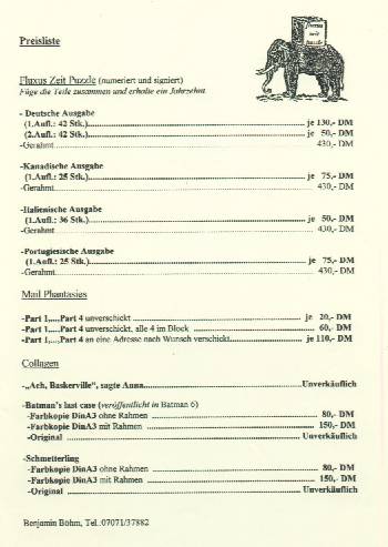 Preisliste zur Ausstellung im Hauptbahnhof, Tübingen 1999